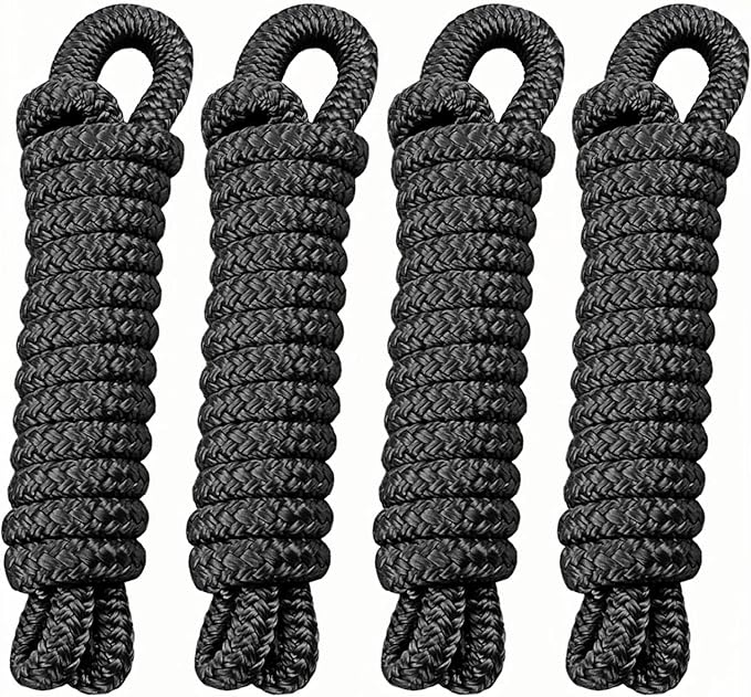 4 Pack 3/8" x 6' Boat Fender Lines - Marine Grade Nylon Boat Rope with 5" Loop for Tying Fenders and Docking Small Boats - Double Braided Dock Lines, Easy Handling, Fray Resistant - Black