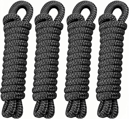 4 Pack 3/8" x 6' Boat Fender Lines - Marine Grade Nylon Boat Rope with 5" Loop for Tying Fenders and Docking Small Boats - Double Braided Dock Lines, Easy Handling, Fray Resistant - Black