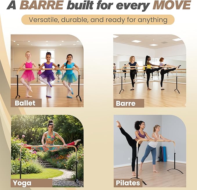 Ballet Barre Portable for Home or Studio, Height Adjustable Bar for Stretch, Pilates, Dance or Active Workouts, Single or Double Bar, Kids and Adults