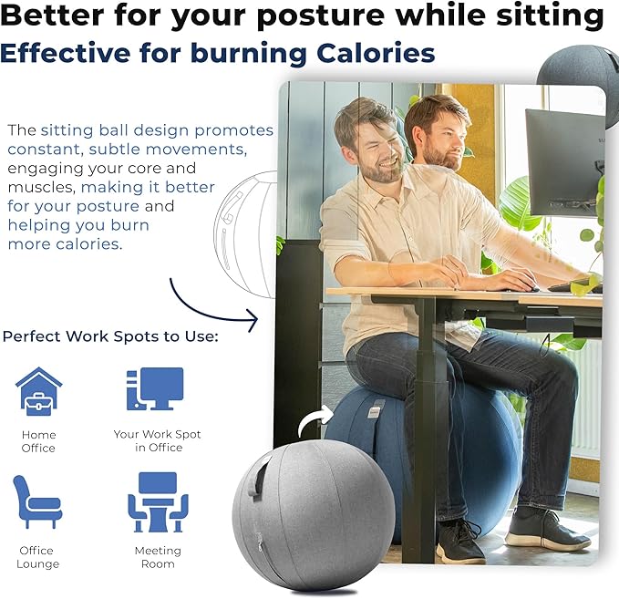 Balance Ball Chair for Office & Home - Ergonomic Exercise Ball for Posture & Back Pain Relief, Yoga Ball Chair - Sitting Ball with Washable Linen Cover