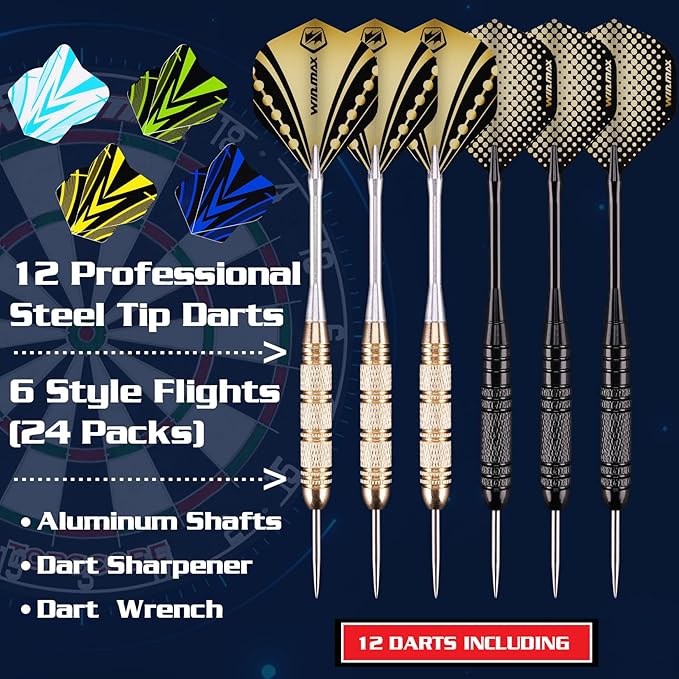 WIN.MAX Dart Board - Bristle Steel Tip Dartboard Dart Boards for Adults Bristle Steel Tip Dartboard Set with 12 Darts Metal Tip
