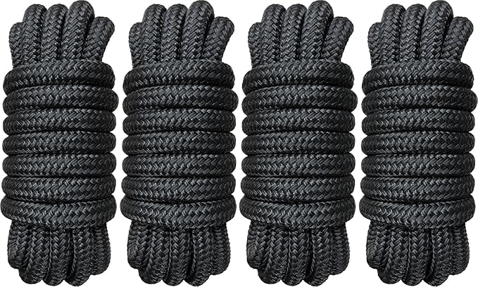 4 Pack 3/4" x 20' Dock Lines - Marine Grade Nylon Boat Rope with 15" Loop for Docking and Mooring - Double Braided Boat Lines, High Strength, Easy Handling, Fray Resistant, Heavy Duty - Black
