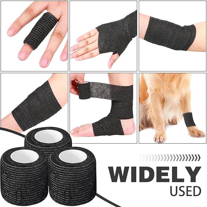 Treela 64 Pack 2" x 5 Yards Self Adhesive Cohesive Bandage Wraps, Elastic Breathable Athletic Tape, Flexible Self Adherent Bandage Rolls for Wrist, Ankle, Fingers, Sports & Pets (Black)