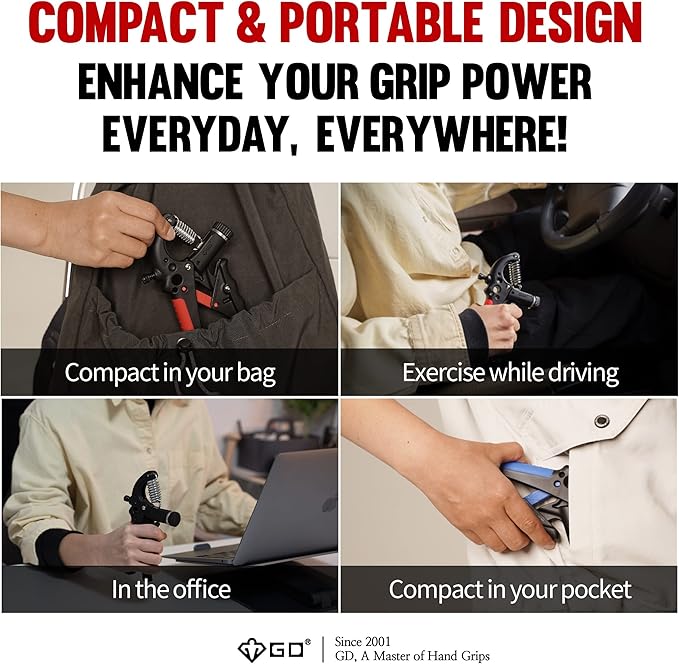 GD Grip2 Hand Grip Strengthener (Grip Strength Trainer) Adjustable Gripper (22~77lbs) Forearm and Wrist Exerciser Strengthener for Grip Strength