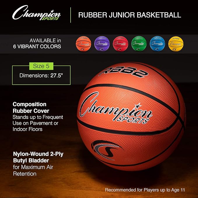 Champion Sports Rubber Basketballs – Heavy Duty Pro-Style, Indoor/Outdoor Use, Premium Basketball Equipment for Physical Education, Various Sizes & Colors (Size 3, 5, 6, 7)