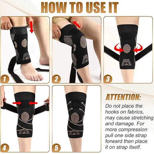 NEENCA Copper Knee Brace with Straps for Women/Men, Knee Compression Sleeve for Knee Pain, Arthritis, ACL, PCL, Meniscus Tear, Joint Pain Relief. Knee Support for Running, Workout, Weightlifting- Pair