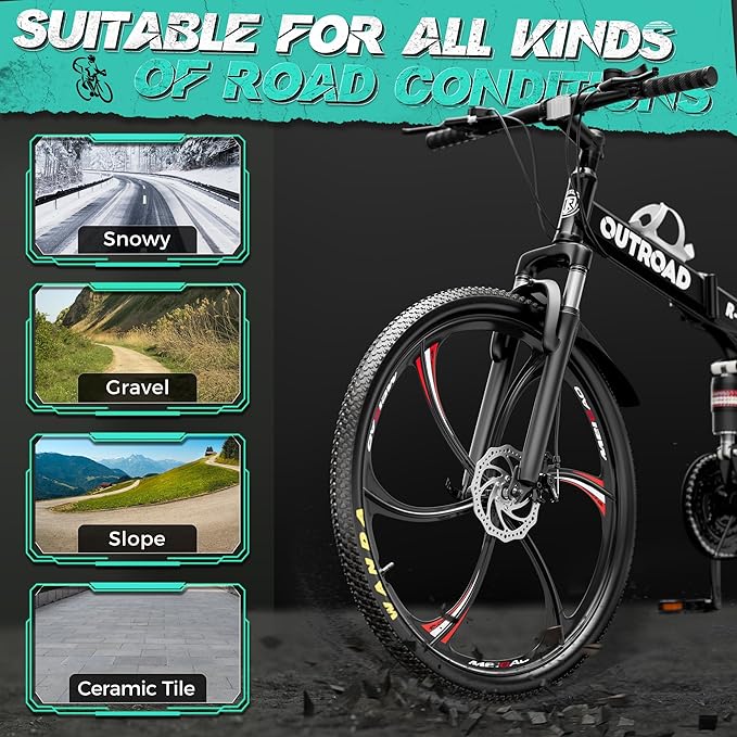 Outroad 26 Inch Folding Mountain Bike, 21 Speed Full Suspension High-Carbon Steel MTB Foldable Bicycle, Dual Disc Brake Non-Slip Folding Bikes for Adults/Men/Women, Black, Orange and Green