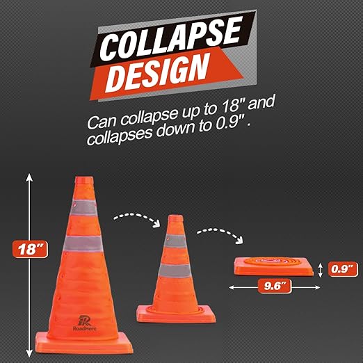 RoadHero 18 Inch 1 Pack Collapsible Traffic Safety Cones, Multi Purpose Pop-up Cones with Reflective Collar for Road Safety, Orange Cones for Driving Training, Parking Lots
