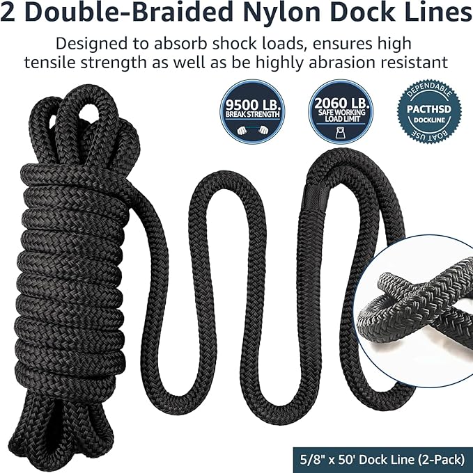 Dock Lines 2 Pack 5/8" x 50' Double Braided Nylon Boat Dock Lines with 16" Eyelet, Marine-Grade Boat Rope, Easy to Use Dock Lines for Boats, Strong Boat Ropes for Docking with Loop, PACTHSD