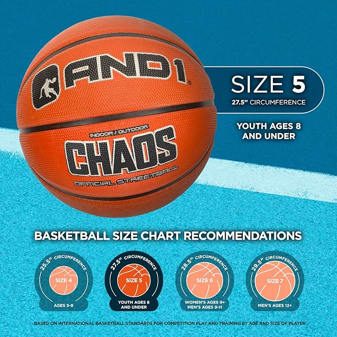 AND1 Toss Up Basketball : Youth Sized Rubber Streetball for Indoor and Outdoor Use, Deep Channel Construction and Durability, Includes 10” Pump
