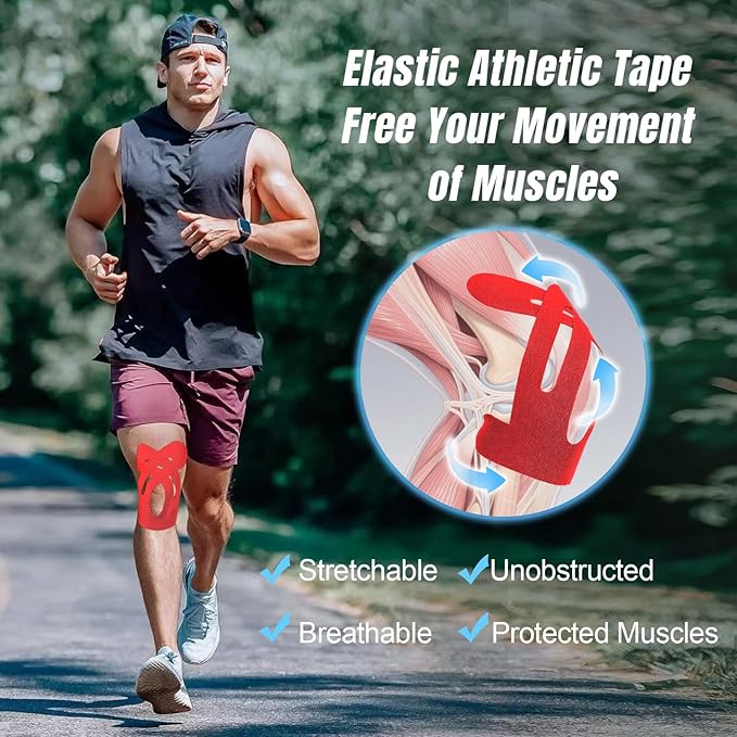 Waterproof Kinesiology Tape for Shoulders/Knees, 10 Precut Strips for Knee Pain Relief & Stability Support (Red), Elastic Strong Adhesive Athletic Tape, Latex-Free Hypoallergenic Sports Tape