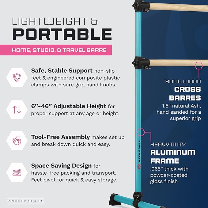 VITA Barre Portable Freestanding Double Ballet Barre, Prodigy, Wood | Adjustable Height, USA Made, Home or Gym Exercise Equipment for Kids & Adults | Dance, Fitness, Pilates