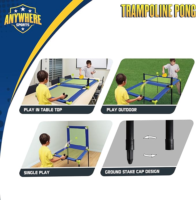 Nature Bound Anywhere Sports - Portable Trampoline Ping Pong Table Tennis Game for Indoor or Outdoor Use, Includes Two Paddles, Six Balls, Storage Bag, and Compact Size for Kids