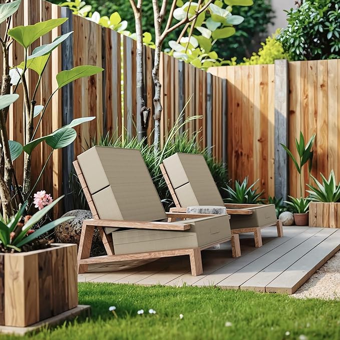 6 Inch Thick Foldable Deep Seat Cushion, 2 PCS 23 x 26 Inch Outdoor Water & Fade Resistant Olefin Patio Furniture Replacement Chair Cushion, with Removable Cover, Handle and Straps, Beige