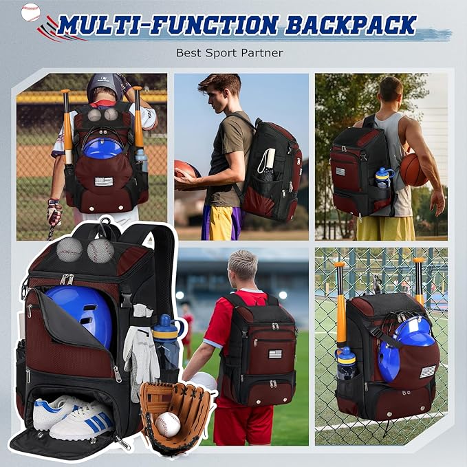 RAINSMORE Baseball Backpack, Lightweight Softball Bag with Shoe Compartment Baseball Bag for Youth & Adult Softball Bat Bag with Fence Hook Helmet Holder Sports Backpack for T-Ball