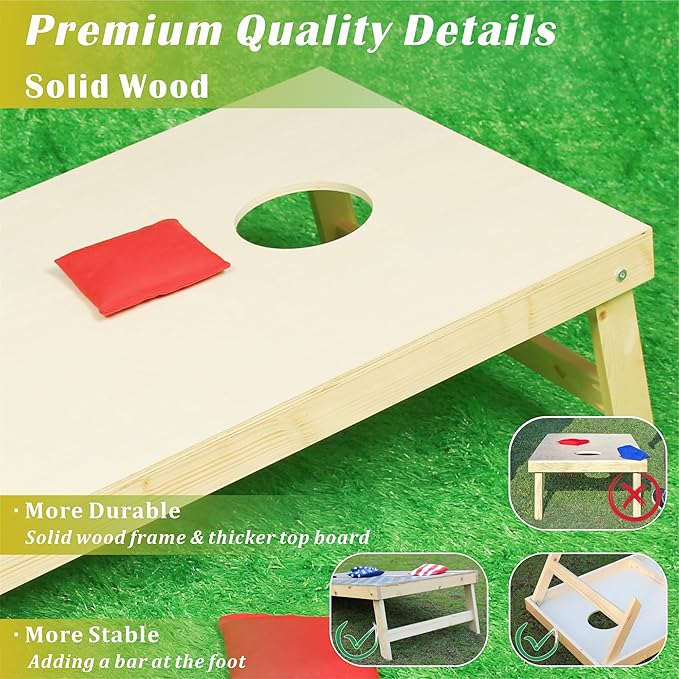 Cornhole Board Set 4FTx2FT Solid Wood Regulation Size Cornhole Set Includes 8 Cornhole Bags for Adults