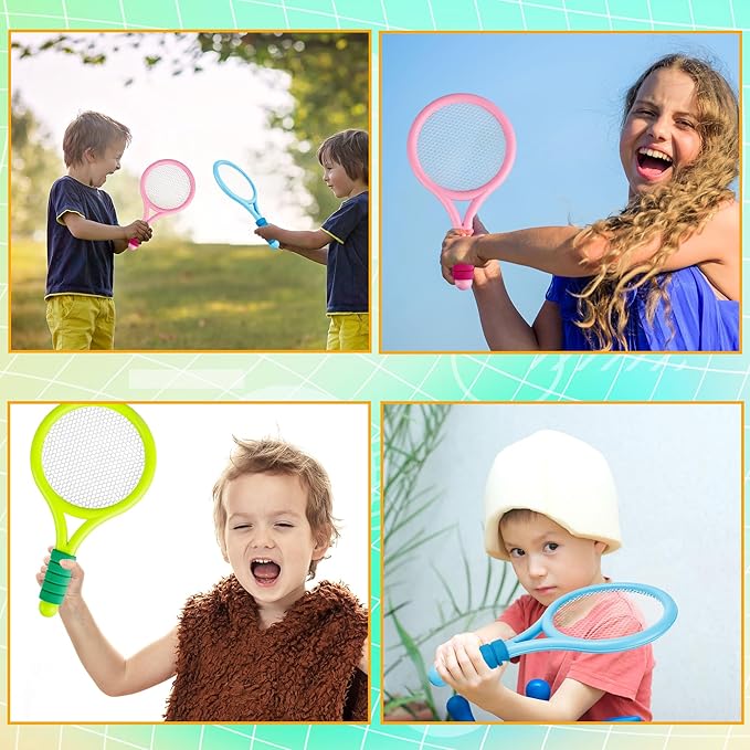 12 Pcs Plastic Kids Tennis Racket Set with 6 Pcs Tennis Balls and 6 Shuttlecocks Training Balls Badminton Paddle Racket Toy for Children Toddler Outdoor Indoor Beach Sports Gifts