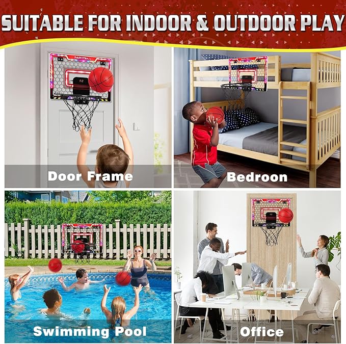 Mini Basketball Hoop Indoor with Scorer and Batteries, Indoor Basketball Hoop Over The Door with Colorful LED Lighting, Toy Basketball Set for Boys Girls Age 3 4 5 6 7 8