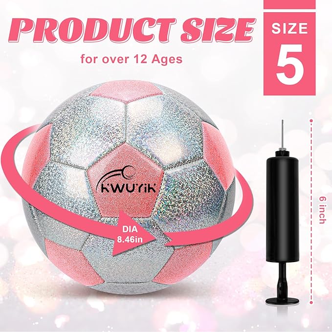 Soccer Ball Size 3 4 5 Glitter Pink Purple Silver with Pump Toddler Soccer Ball for Kids Aged 3-6 6-8 8-12 Outdoor Training Ball for Girls Boys Children Youth Teens