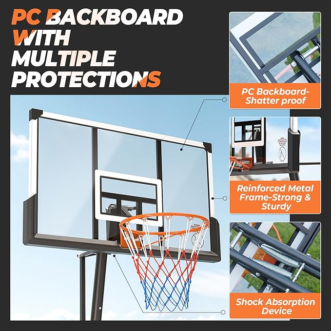 Basketball Hoop Outdoor Basketball Goal Portable Adjustable for Adults, Youth in Backyard, Driveway, Indoor, 44 Inch Pc Shatterproof Backboard, 2 Sand Bags and Portable Wheels