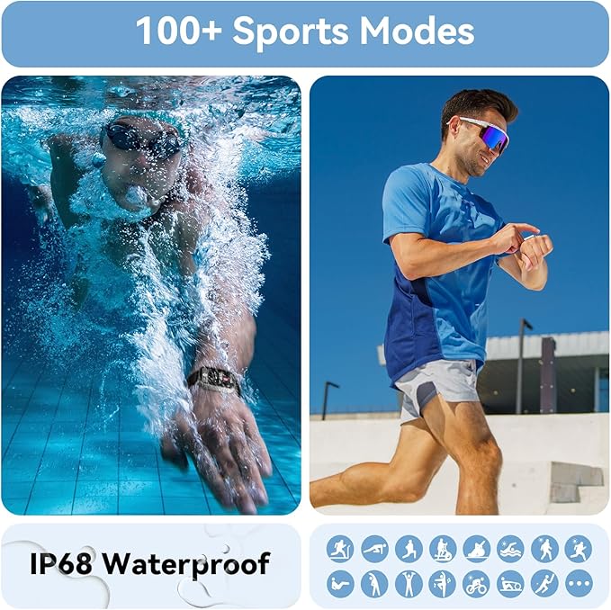 Tensky Smart Watch for Men/Women Android & iPhone, 1.85" Touch Screen Fitness Tracker with Answer/Make Call, IP68 Waterproof Heart Rate/SpO2/Sleep Monitor, Pedometer, 100+ Sport Modes (2 Bands)
