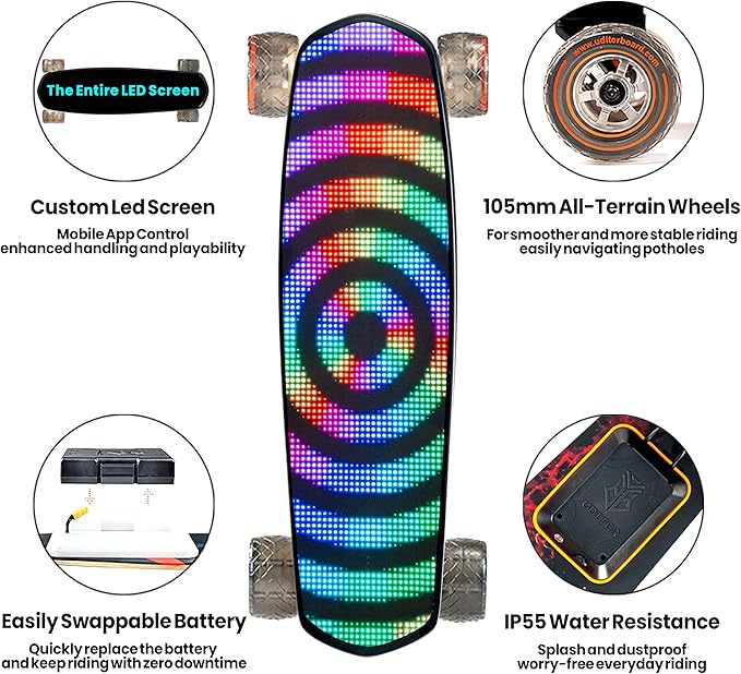 Pixel Mini Electric Skateboard with Remote, 2 × 600W Motors, 28Mph Top Speed, 4 Speed Smooth Braking, Suitable for Adults and Teens Beginners, LED Screen Electric Skateboards