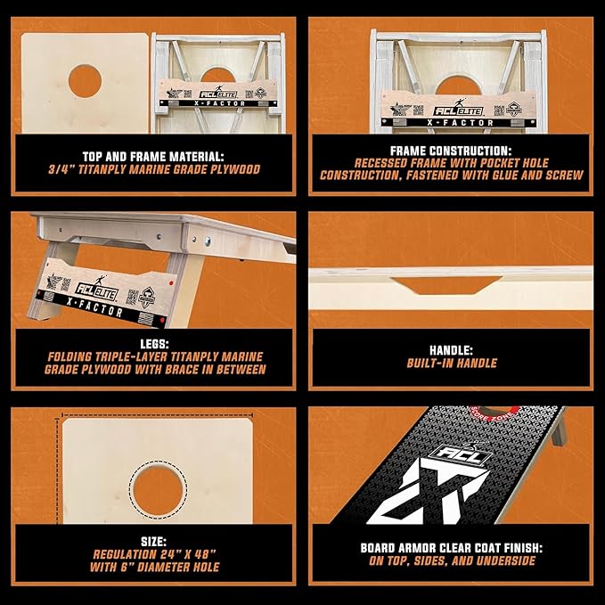 Titan Bags X Factor Cornhole Boards - ACL Elite Approved Cornhole Board Set w/Patent Pending X Underside Bracing for Maximum Durability - Regulation Size for Professional & Outdoor Sports Game
