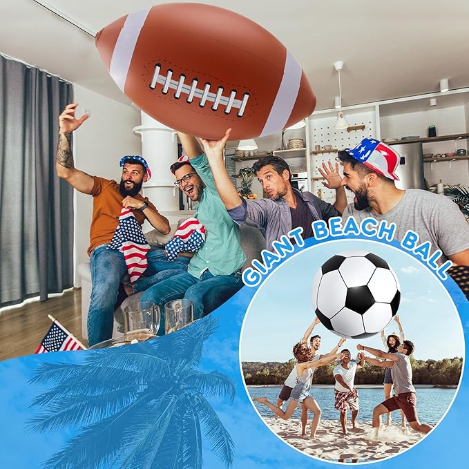 Lewtemi Giant Inflatable Sports Balls Large Inflatable Beach Ball Baseballs Soccer Rainbow Basketball Football for Sport Birthday Party Favor(2 Pcs,Soccer, Football,27 Inch)