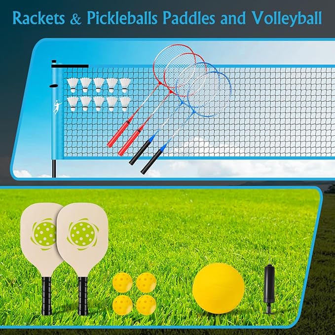 Pickleball Badminton Net Set for Backyards, All-in-One Portable Volleyball Combo Set with Adjustable Net, Volleyball Pickleball Paddles & Badminton Rackets for Indoor Outdoor