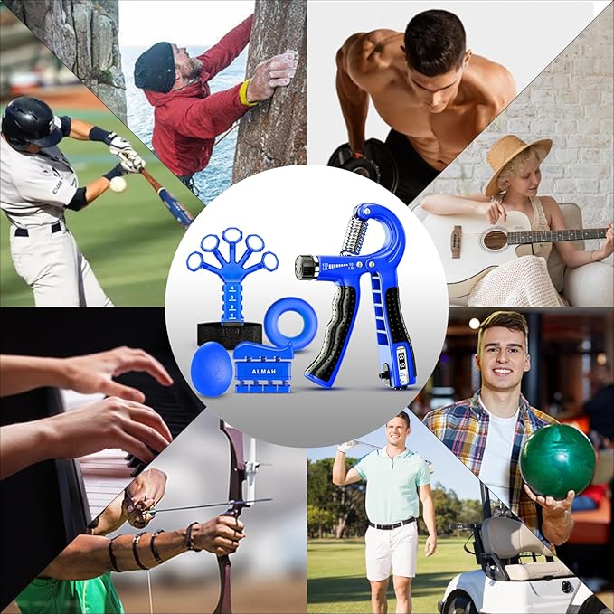 ALMAH Hand Grip Strengthener kit(5 Pack),Grip Strength Trainer,Forearm Workout Trainer Adjustable Grip Exercises,Finger Grip Strengthener,Finger Stretcher,Grip Ring & Stress Relief Ball with Carry Bag