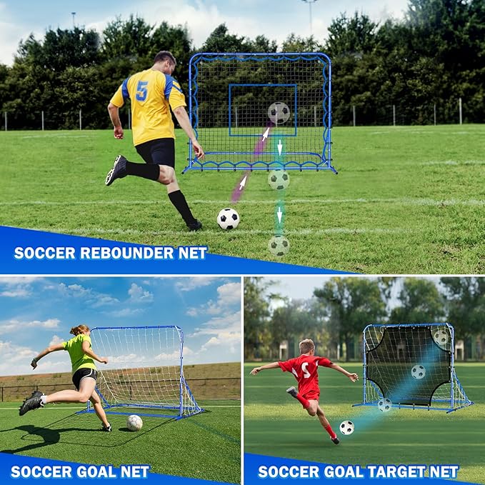 Three Mode Soccer Goal & Rebounder Net & Target Net,Four Targets for Precise Training,Tough-Built for Intense Shots,Quick-Switch Angle Soccer Training for Control/Passing Practice for Kids Teen