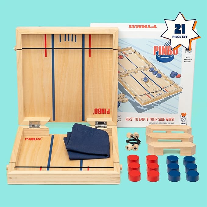 Pinbo The Classic Slingshot Game | Fast Action Foldable 2-Player Tabletop Wooden Game for Kids & Adults | Great for Travel & Game Night | Three Gates Included