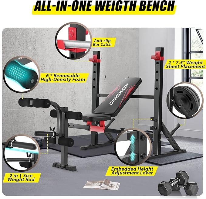 OPPSDECOR 900LBS Olympic Weight Bench Set with Squat Rack Professional Incline Bench Press with Leg Extension & Leg Curl Foldable Decline Flat Workout Bench for Home Gym Full Body Exercise