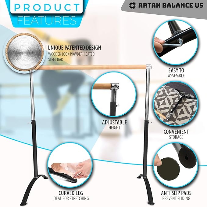 Ballet Barre Portable for Home or Studio, Height Adjustable Bar for Stretch, Pilates, Dance or Active Workouts, Single or Double Bar, Kids and Adults