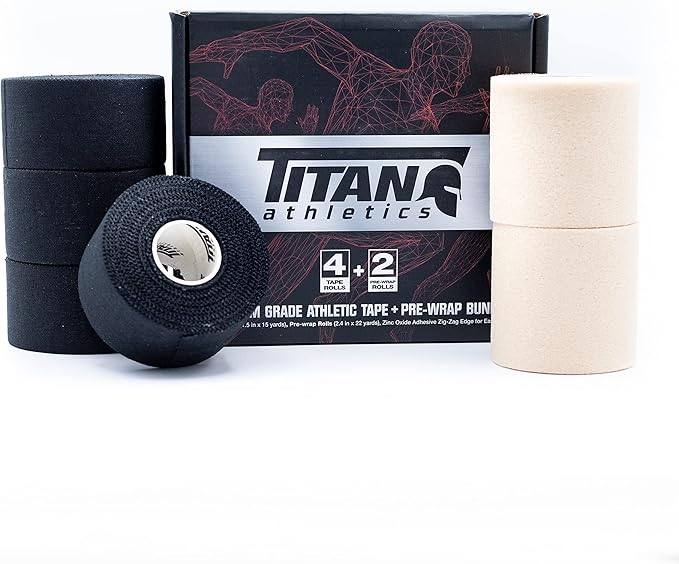 Titan Athletics - Premium Quality Black Athletic Tape/Sports Tape - 1 1/2 Inch x 45 Feet Per Roll - 100 Percent Cotton with Zinc Oxide - Easy Tear Zig Zag Design. (Black, 4 Tape + 2 PreWrap)