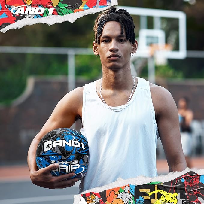 AND1 Supreme Grip Official Regulation Size 7 (29.5 inches) Rubber Basketball - Deep Channel Construction Streetball, Made for Indoor Outdoor Games