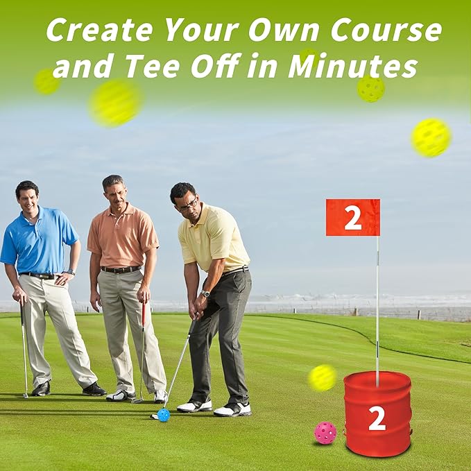 Golf Bucket Yard Game - 6 Hole Course With 2 Clubs, Balls and Flag for Adults and Family - Outdoor Lawn Chipping Games for Backyard, Beach, Park, Camping and Hotel