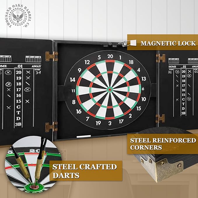 THOUSAND OAKS BARREL CO. | Personalized Dartboard & Cabinet Set with 6 Steel Tip Darts