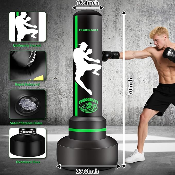Freestanding Punching Bag with Gloves, 70'' Heavy Boxing Bag with Stand for Adult Teens, Standing Women Men Inflatable Kickboxing Bags for Beginners Training MMA Muay Thai Fitness