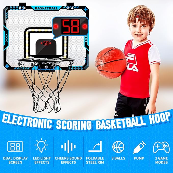 BATURU Mini Basketball Hoop Indoor for Kids β Over The Door Basketball Hoop with LED Scoreboard, Lights, Sound β Sports Gifts Toys for Boys Ages 5-12