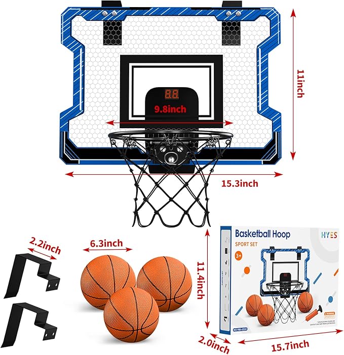 Mini Basketball Hoop Indoor with Scoreboard, Door Basketball Hoop with 3 Balls & Inflator, Basketball Toy Gifts for Kids Boys Girls Teens Adults, Suit for Bedroom/Office/Outdoor/Pool, Blue