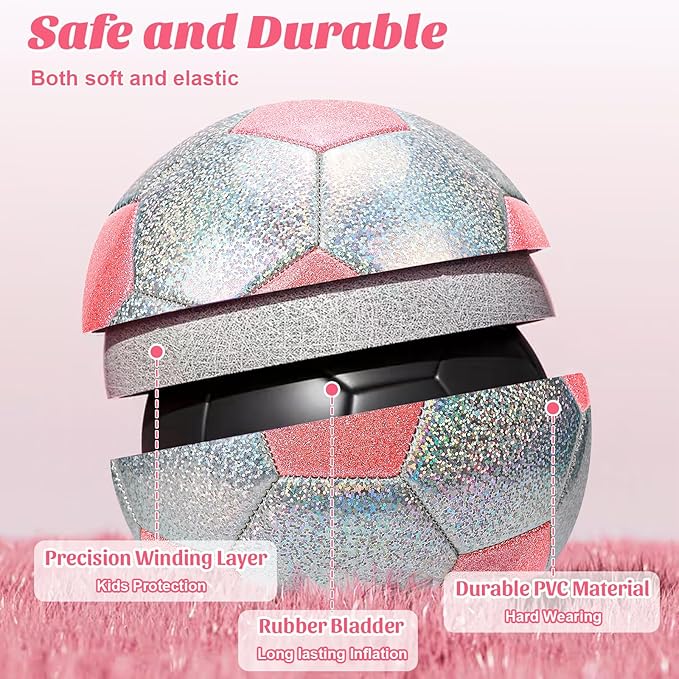 Soccer Ball Size 3 4 5 Glitter Pink Purple Silver with Pump Toddler Soccer Ball for Kids Aged 3-6 6-8 8-12 Outdoor Training Ball for Girls Boys Children Youth Teens