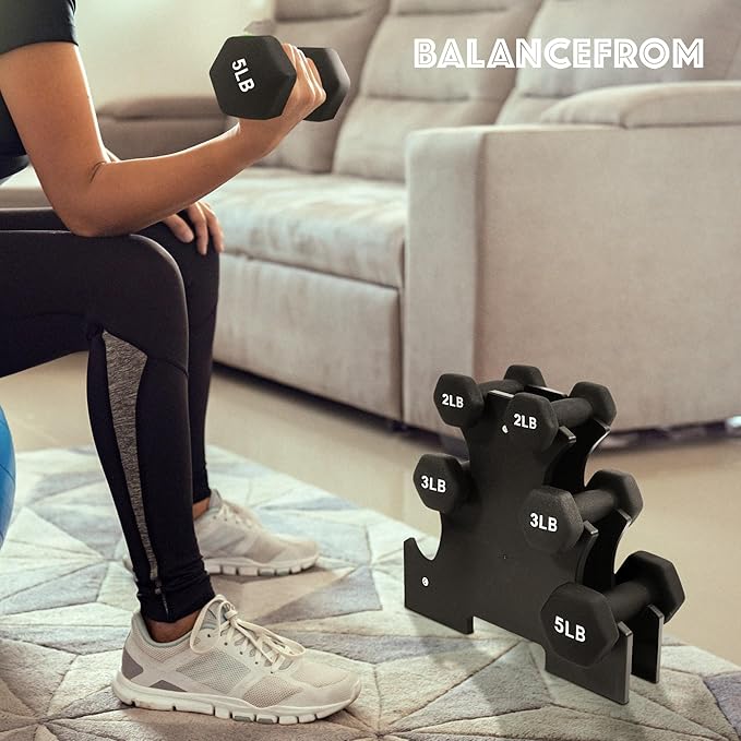 BalanceFrom Rubber Coated Hex Dumbbell Weight Set with Storage Rack, 100LB or 150LB or 200LB Set, 5-20 lbs or 5-25 lbs or 10-30 lbs Pairs
