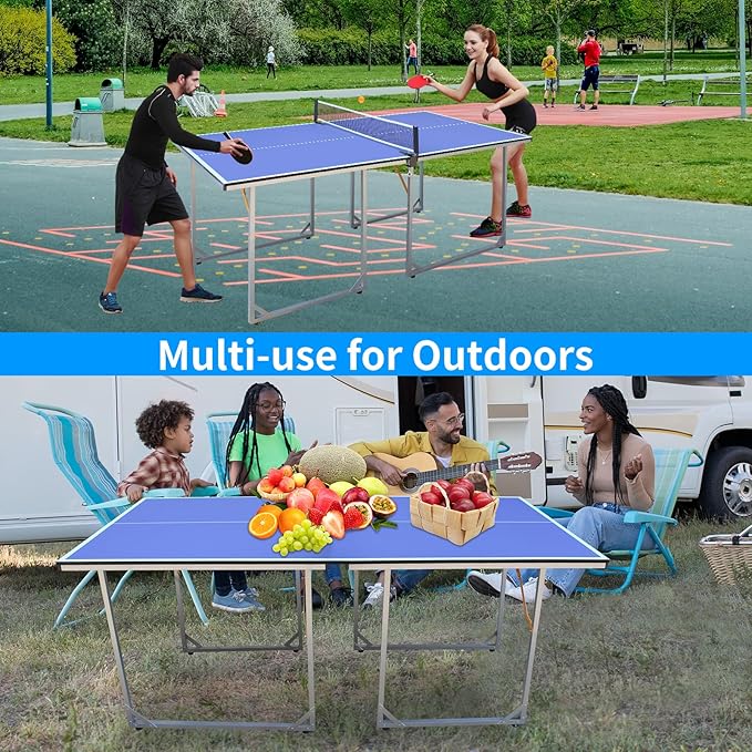 Compact Ping Pong Table, 6ft Mid-Size Indoor/Outdoor Table Tennis Game Set, Foldable, Portable Table Tennis Table with Net, 2 Table Tennis Paddles and 3 Balls