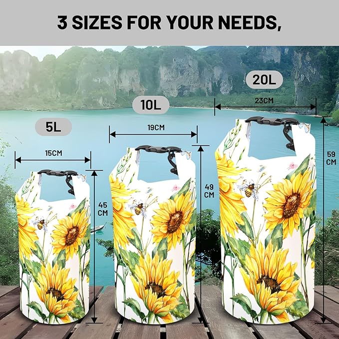 Waterproof Dry Bag,Roll Top Summer Sunflowers Small Waterproof Backpack 5L/10L/20L Floating and Lightweight Bags for Kayaking, Boating, Fishing, Swimming and Camping with Waterproof Phone Case