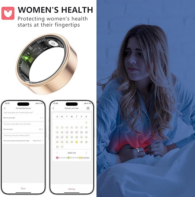 Thin Smart Ring for Fitness & Health Tracking -Pedometer,Sleep/Heart Rate/Blood Oxygen Monitor, Gesture Control / 5ATM Waterproof -No APP Subscription Compatible with Android& iOS (Rose Gold, 8)