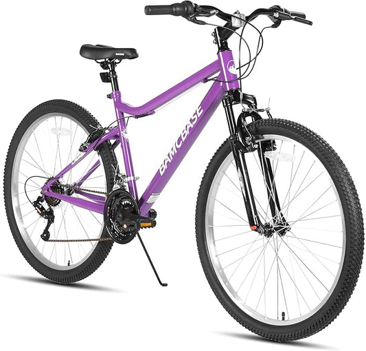 HILAND 26 Inch Womens and Mens Mountain Bike, 18 Speed Steel Frame Adult Bicycle, MTB Bikes with Suspension Fork, V Brake, Mountain Bicycle for Woman Man, Purple Green White