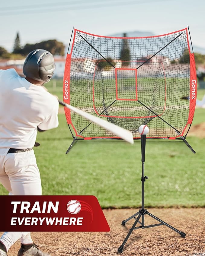 Gonex 7' x 7' Baseball Softball Practice Net Set with Batting Tee for Hitting and Pitching Batting, Practice Training Aid, with Strike Zone, Large Mouth, Bow Frame, Carrying Bag