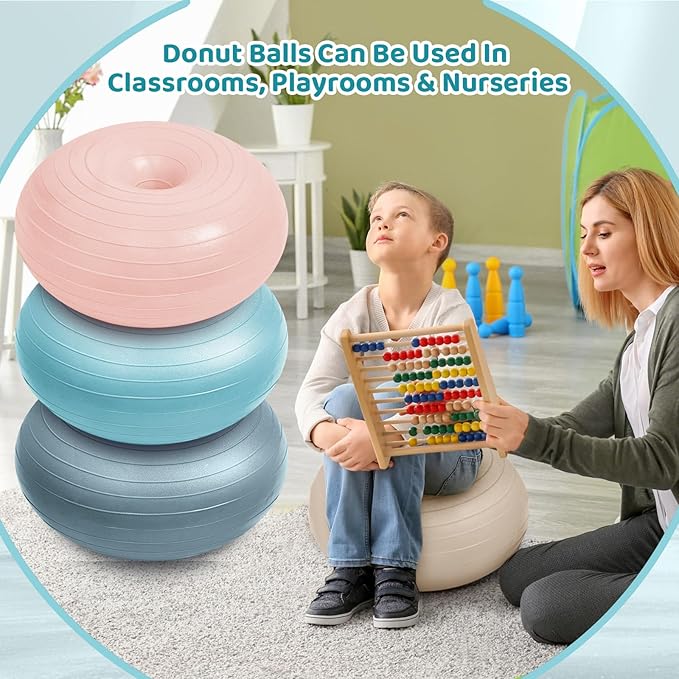 Lewtemi 8 Pcs Flexible Seating for Classroom Elementary 20'' Yoga Ball Chair Large Inflatable Donut Exercise Ball Chair Wobble Seat with Inflator for Kids Student Balance