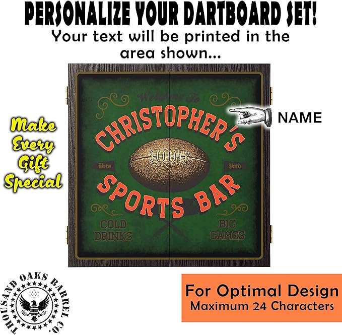 THOUSAND OAKS BARREL CO. | Personalized Dartboard & Cabinet Set with 6 Steel Tip Darts